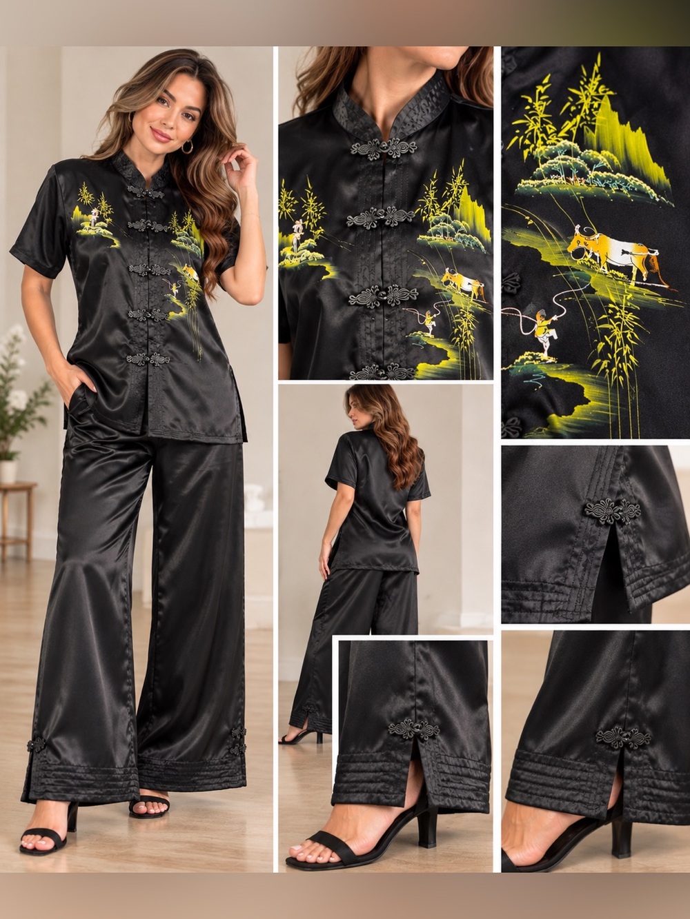 Vintage Silk Blend Chinese 2 Piece Pant Set M Frog Closure Black Wide Leg